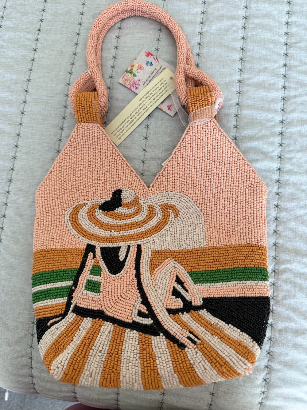 Hand-Beaded Pink Summer Tote Bag with Beach Girl Motif